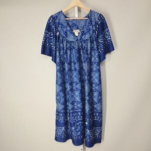 Easy Essentials Blue Bandana Print Muumuu House Dress Short Sleeve Pockets 2X